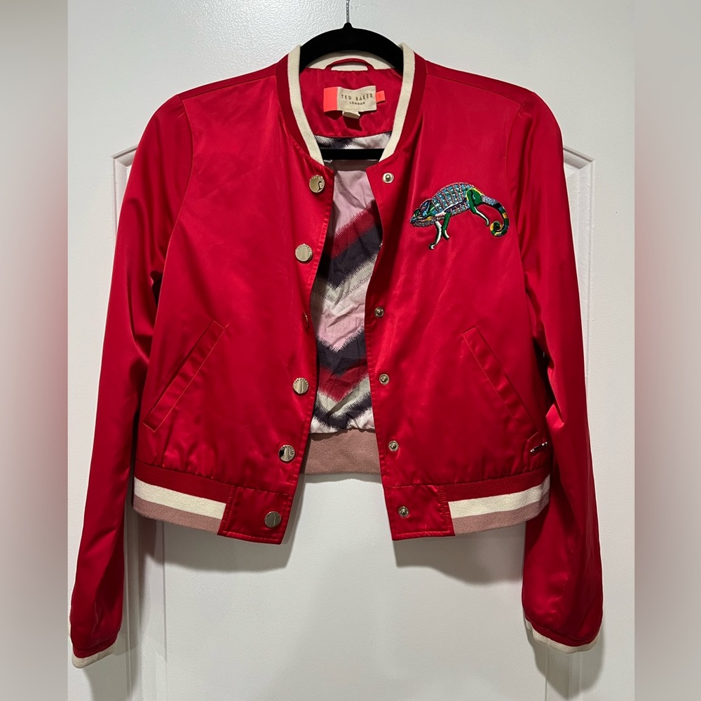 RED TED BAKER LONDON BOMBER JACKET WOMENS SIZE 1 US 2
